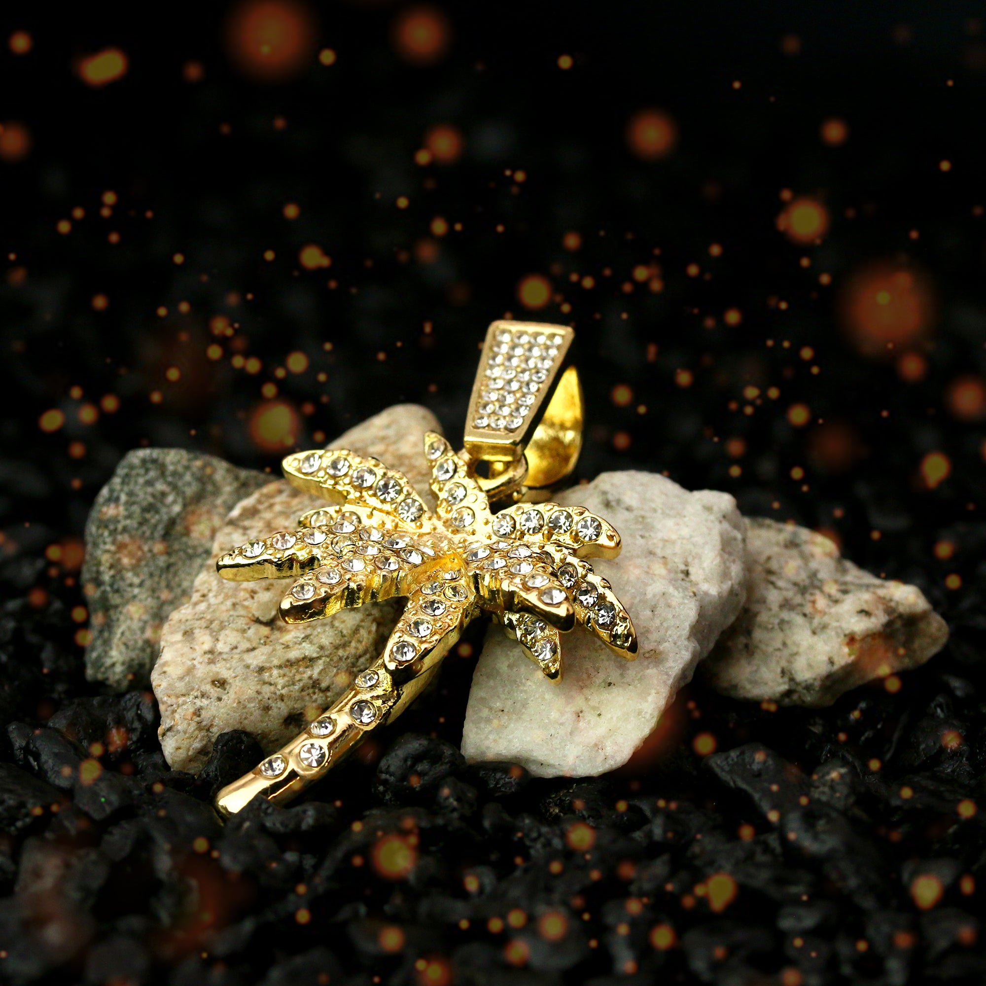 Palm Tree Iced Pendant 14K Gold 24" Inch 4mm Rope Choker Chain
