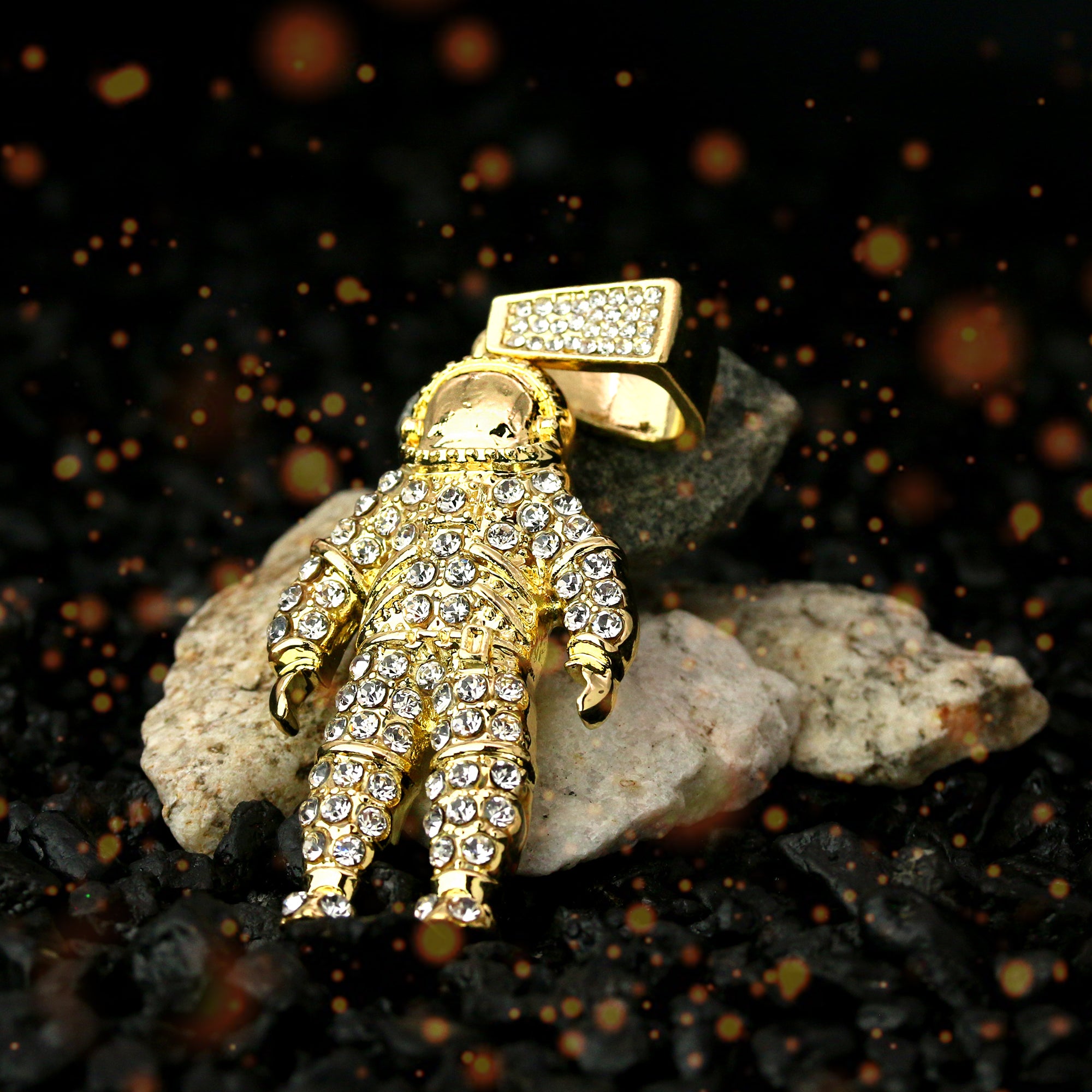Space Man Iced Pendant 14K Gold 24" Inch 4mm Rope Choker Chain