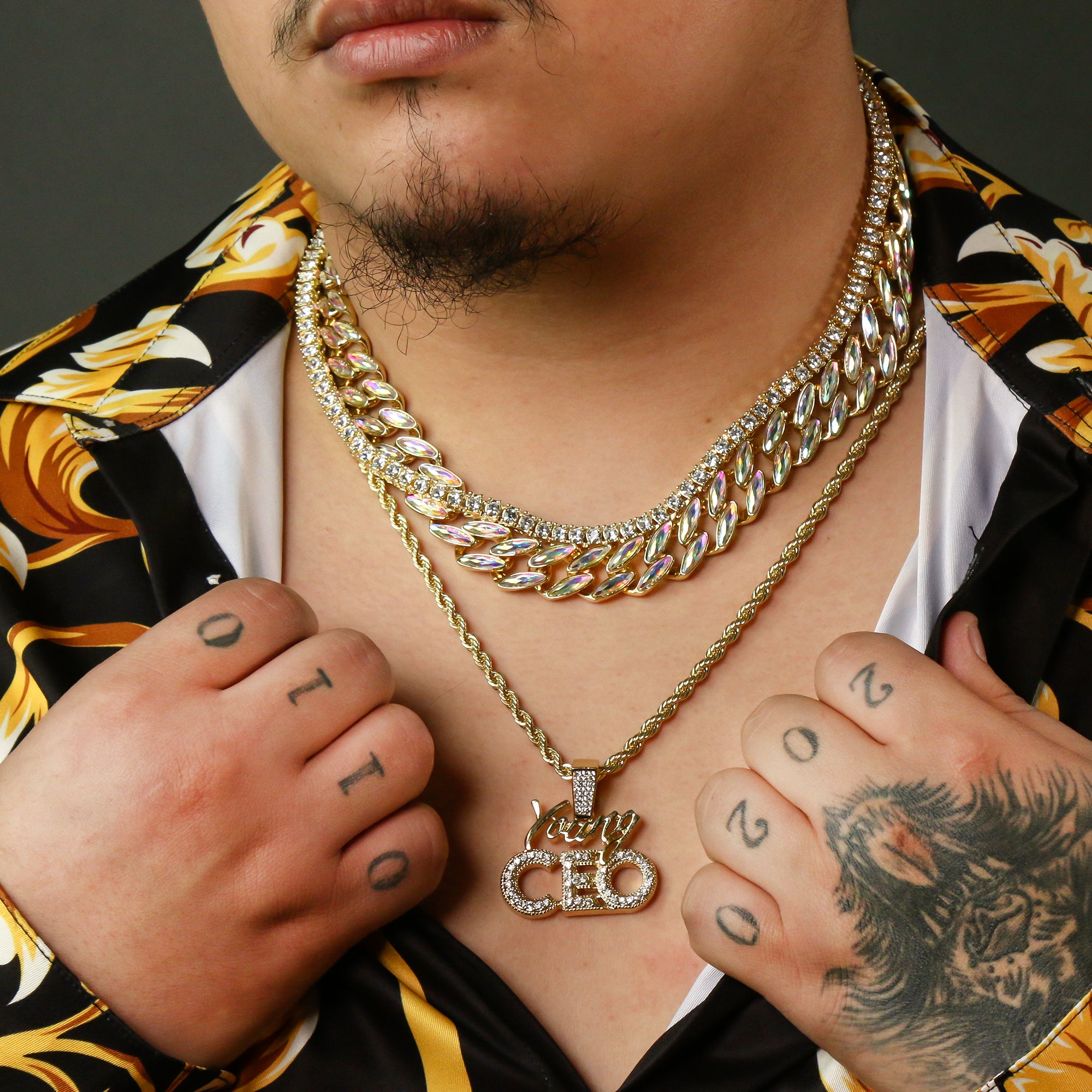 Gold Plated High Fashion AB Cuban Tennis Choker Chains & Young CEO Cz Letter Pendant
