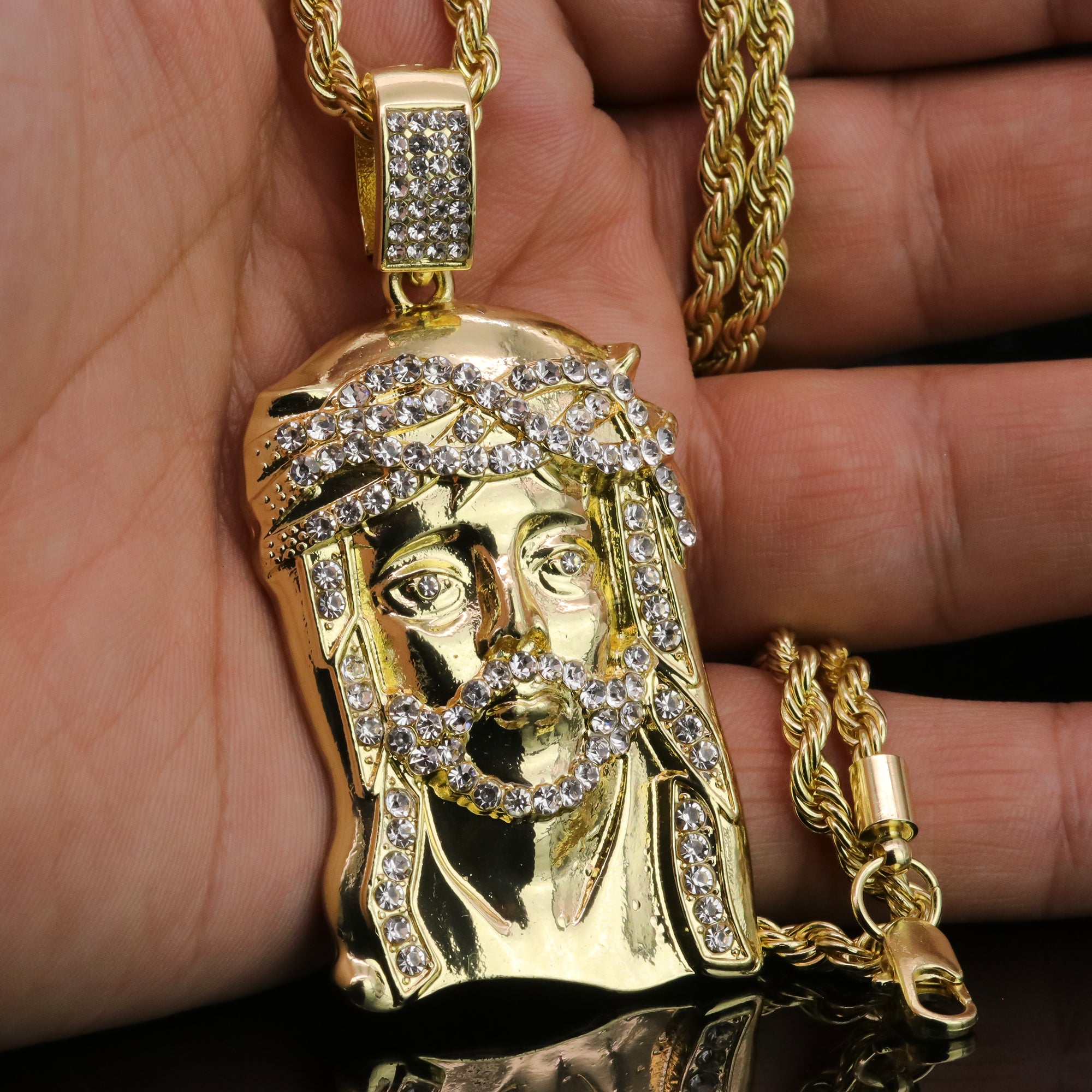 Iced Jesus Face Pendant 24"Rope Chain Hip Hop Style 18k Gold Plated