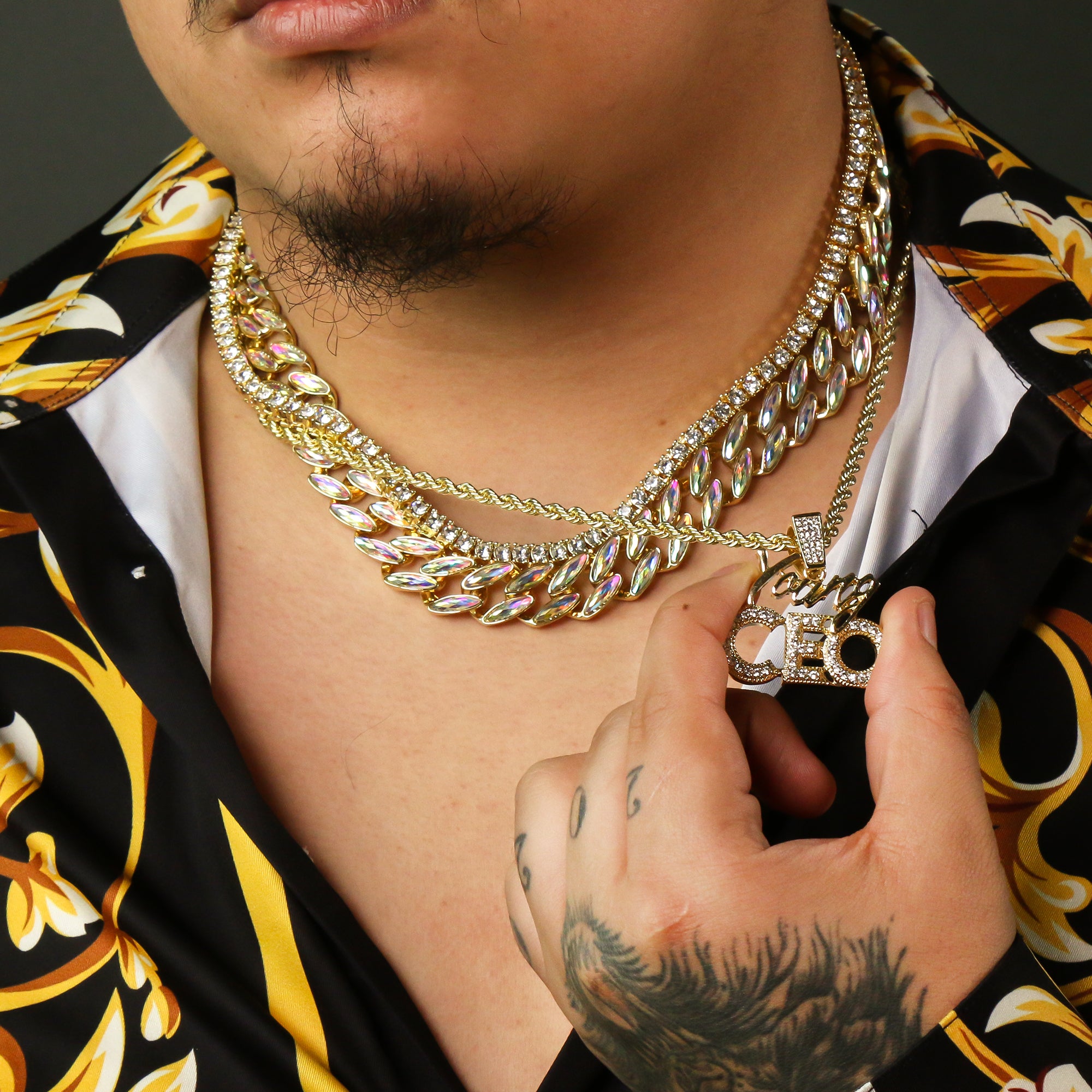 Gold Plated High Fashion AB Cuban Tennis Choker Chains & Young CEO Cz Letter Pendant