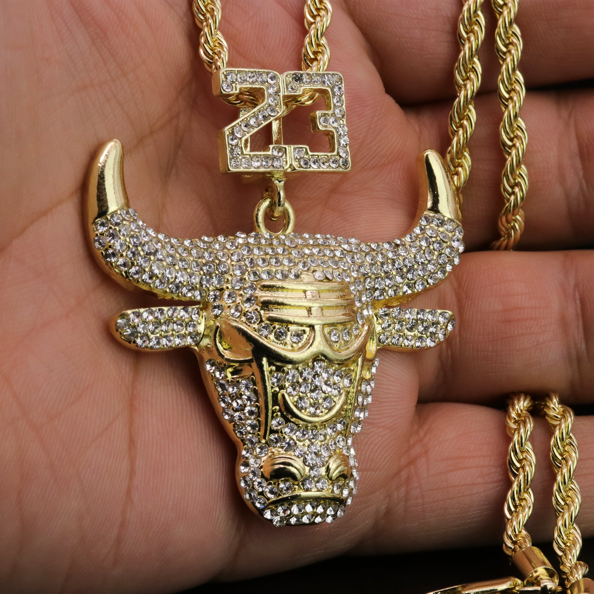 Iced Big 23 Bull Pendant 24"Rope Chain Hip Hop Style 18k Gold Plated