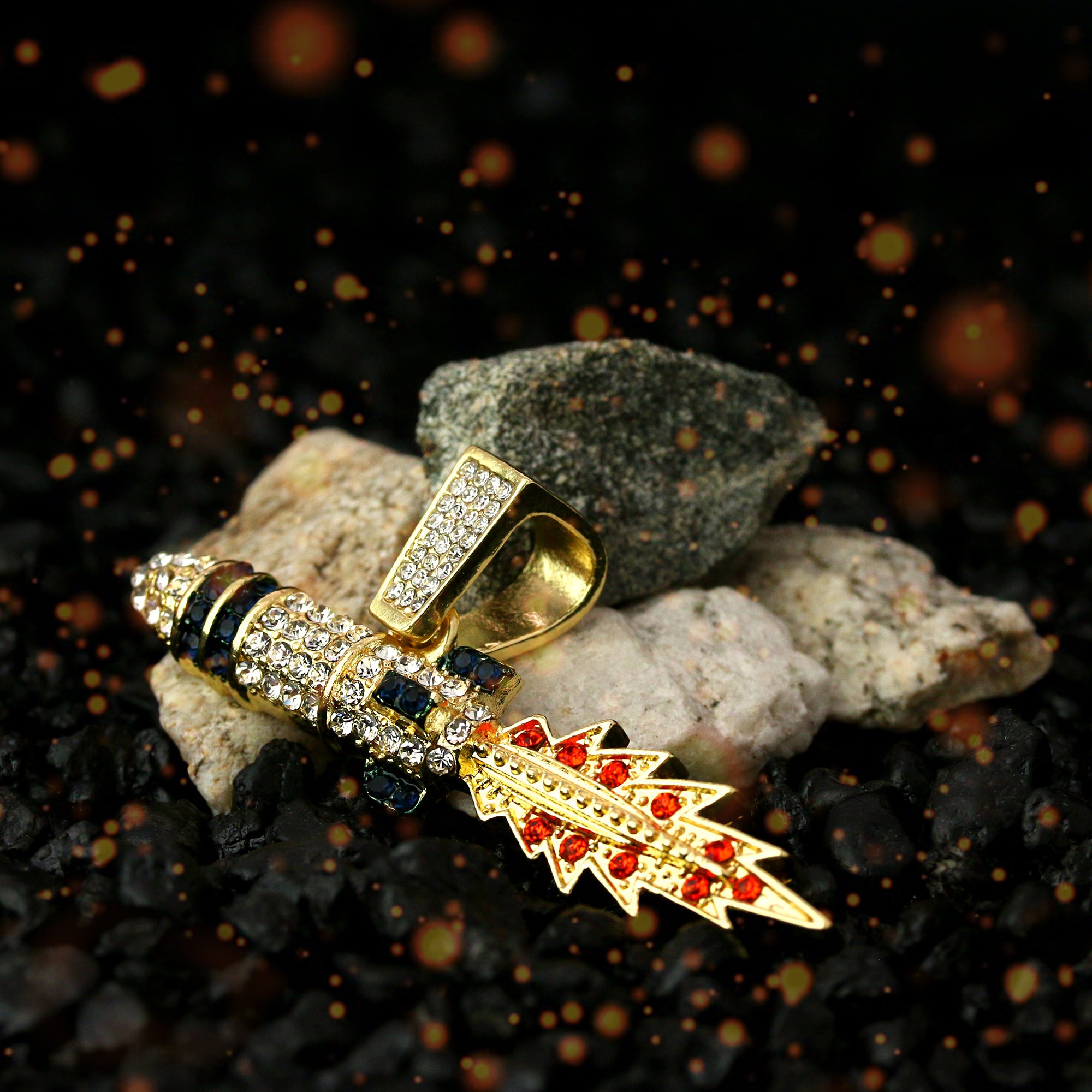 Rocket Fully Iced Pendant 14K Gold 24" Inch 4mm Rope Choker Chain