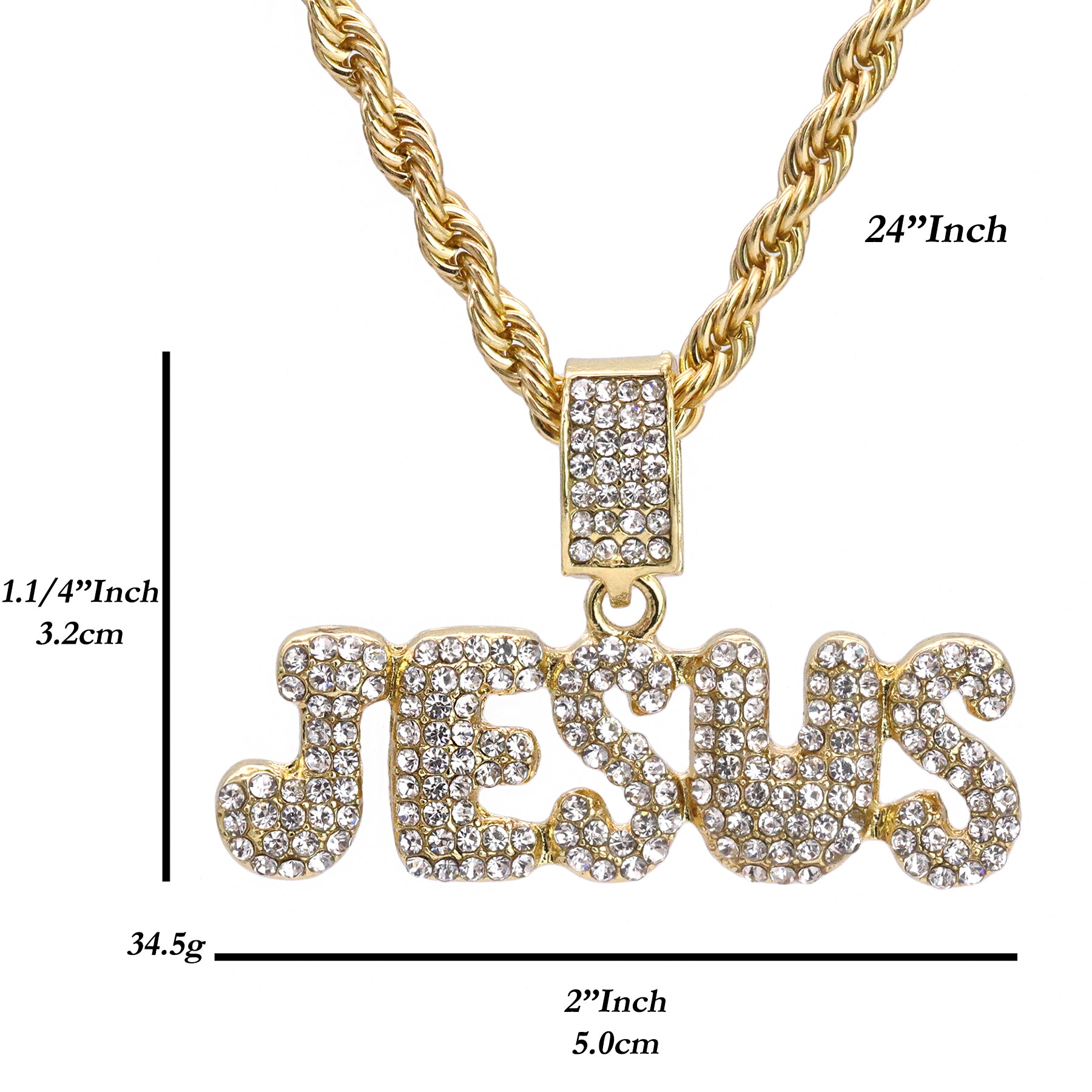 Jesus Bubble Letter Iced Pendant 24" Rope Chain Hip Hop Style 18k Gold Plated