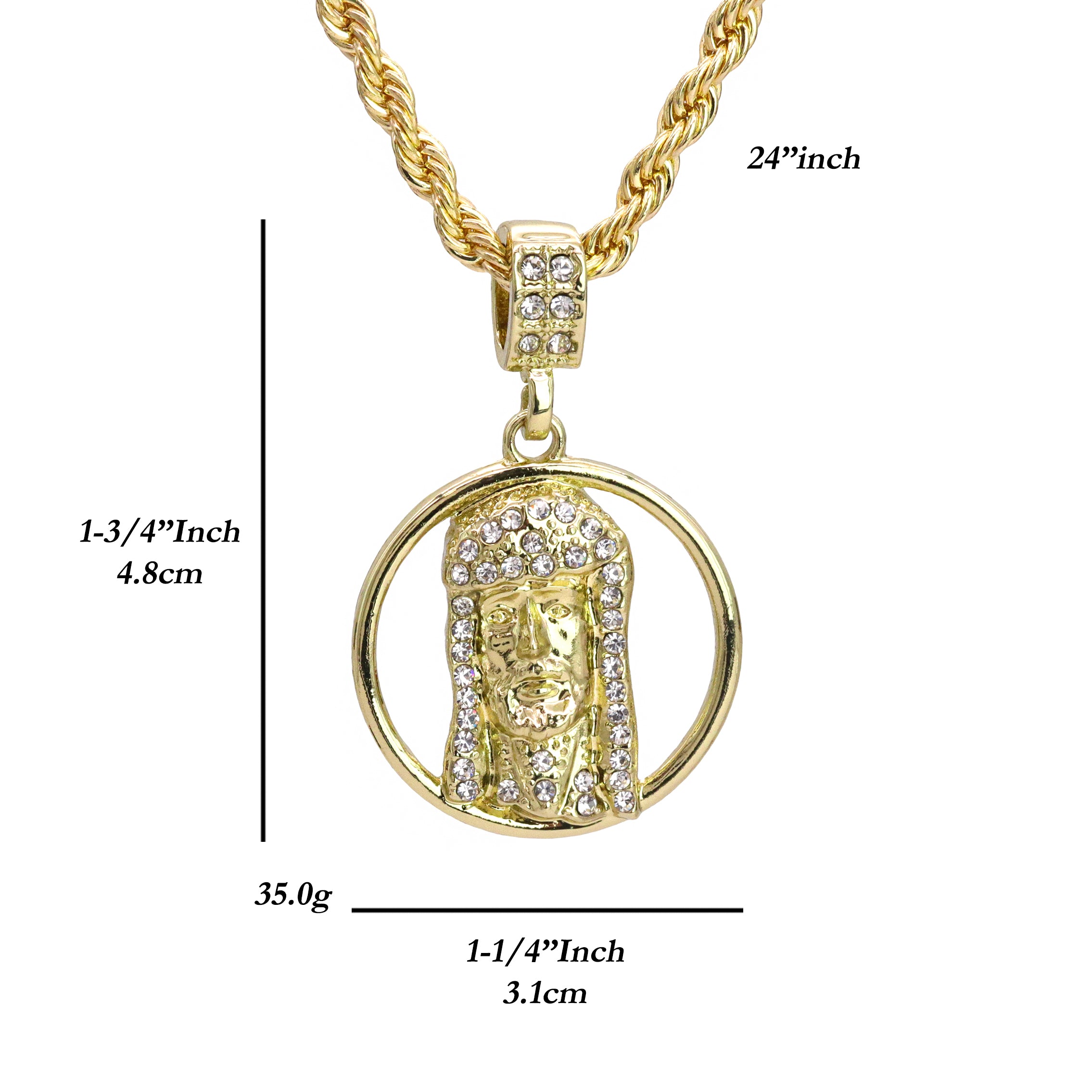 Halo Jesus Face Piece Iced Pendant 24" Rope Chain Hip Hop Style 18k Gold Plated