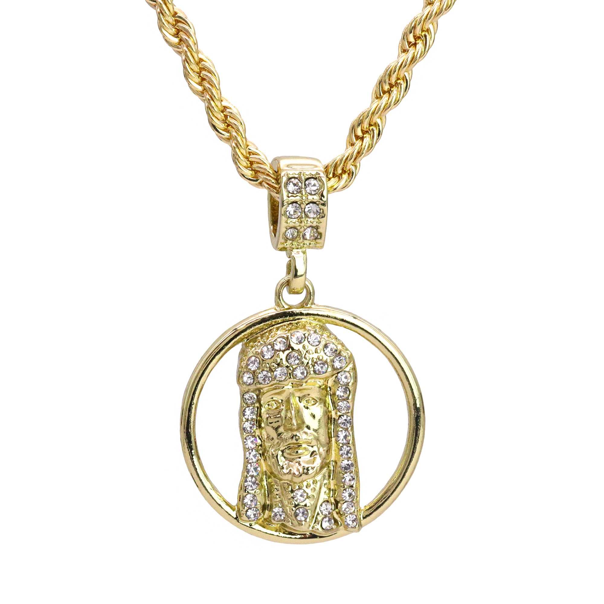 Halo Jesus Face Piece Iced Pendant 24" Rope Chain Hip Hop Style 18k Gold Plated