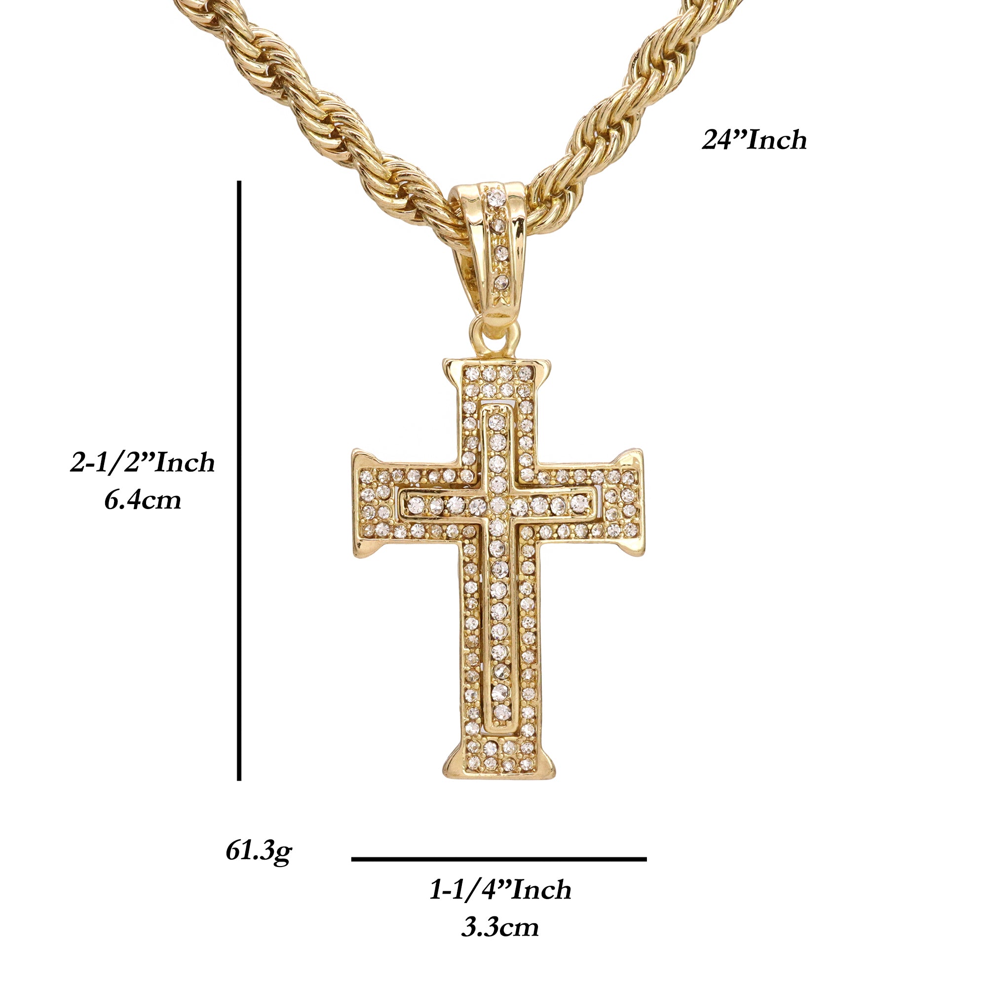 Two Layer Cross Pendant 20" Rope Chain Hip Hop Style 18k Gold Plated