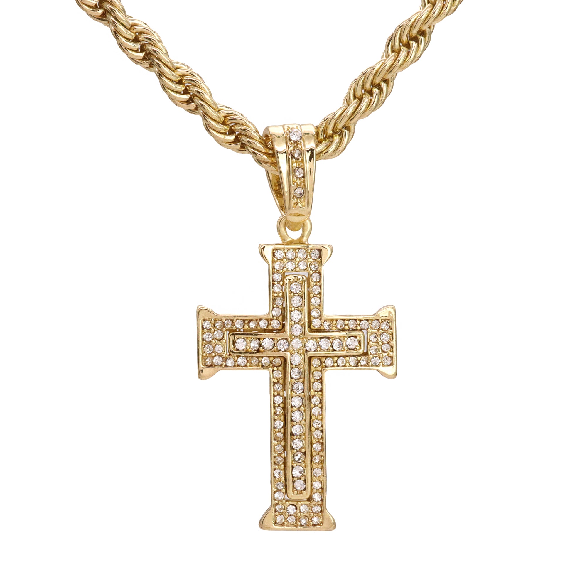 Two Layer Cross Pendant 20" Rope Chain Hip Hop Style 18k Gold Plated