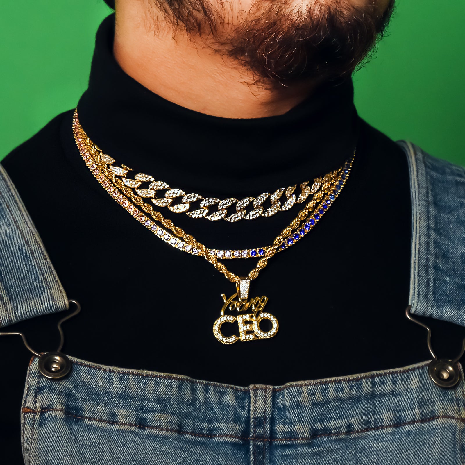 Young CEO 4 Pcs Set Cuban, Tennis & Rope Chain Bundle Gold PT