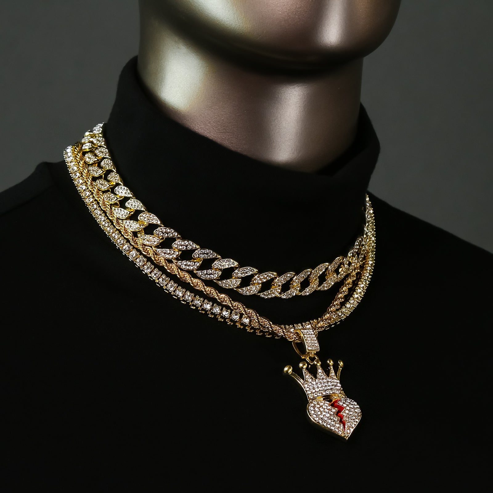 Heart Crown 4 Pcs Set Clear Cz Cuban, Tennis & Rope Chain Bundle Gold PT