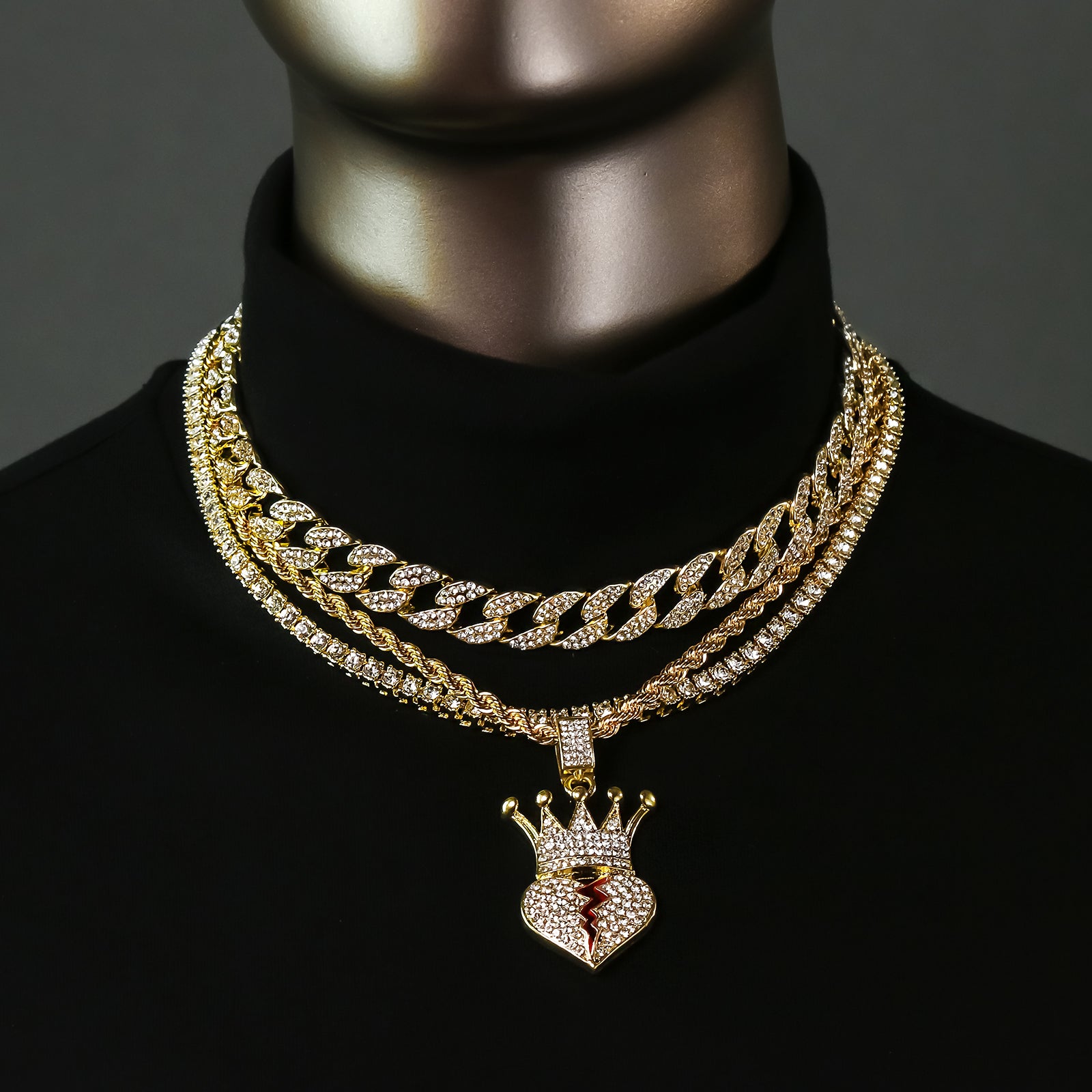 Heart Crown 4 Pcs Set Clear Cz Cuban, Tennis & Rope Chain Bundle Gold PT