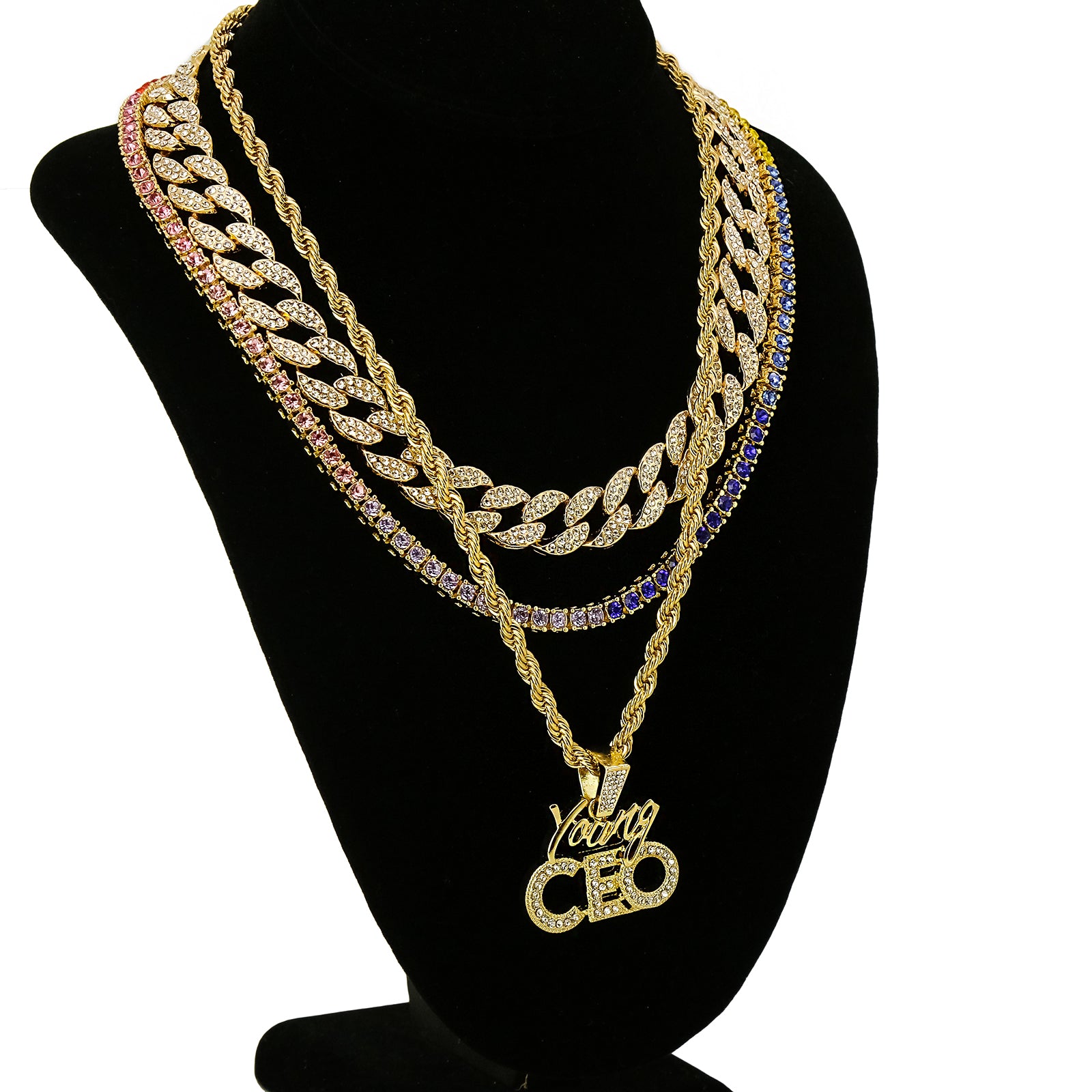 Young CEO 4 Pcs Set Cuban, Tennis & Rope Chain Bundle Gold PT