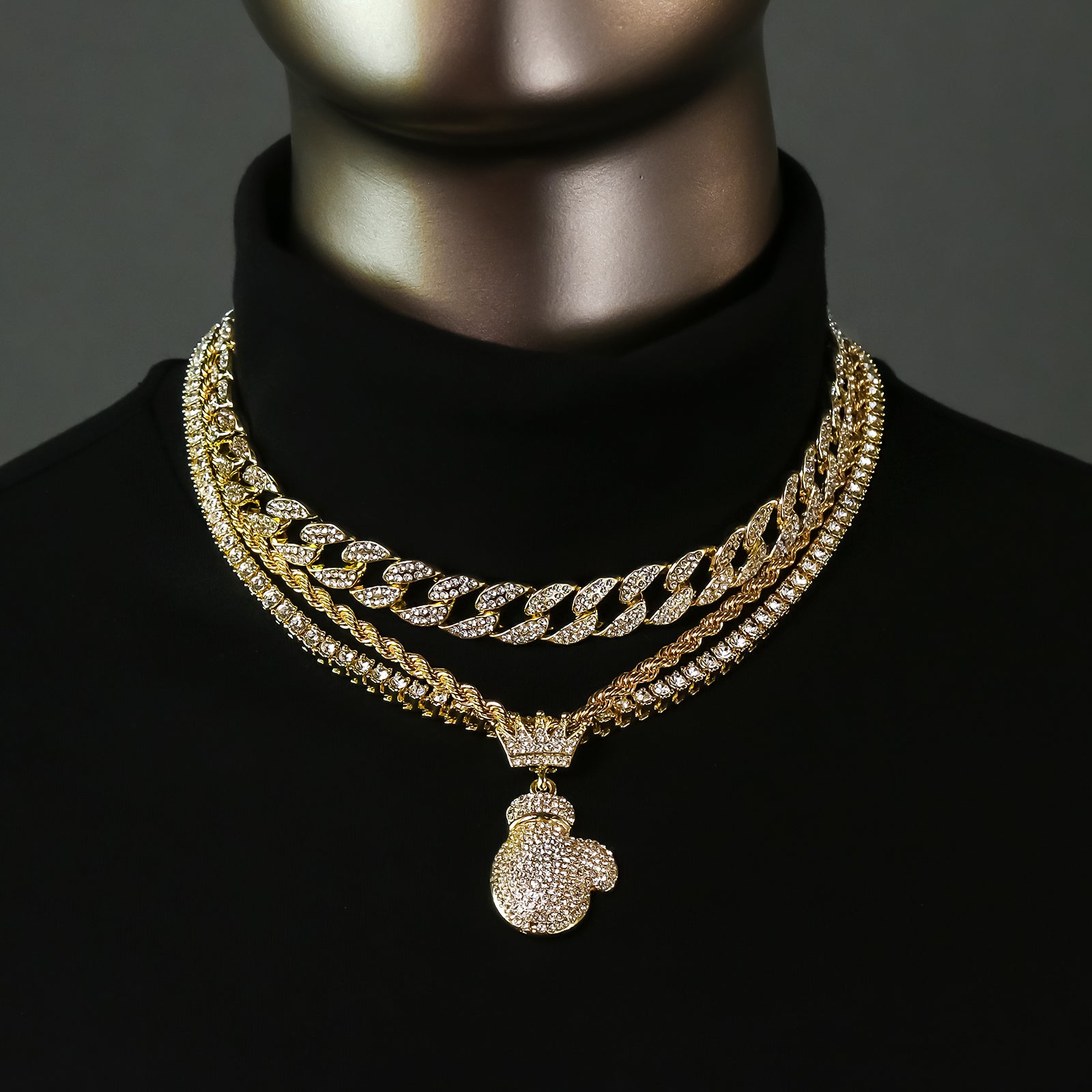 Boxing Glove Crown 4 Pcs Set Clear Cz Cuban, Tennis & Rope Chain Bundle Gold PT