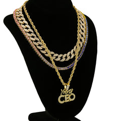 Young CEO 4 Pcs Set Cuban, Tennis & Rope Chain Bundle Gold PT
