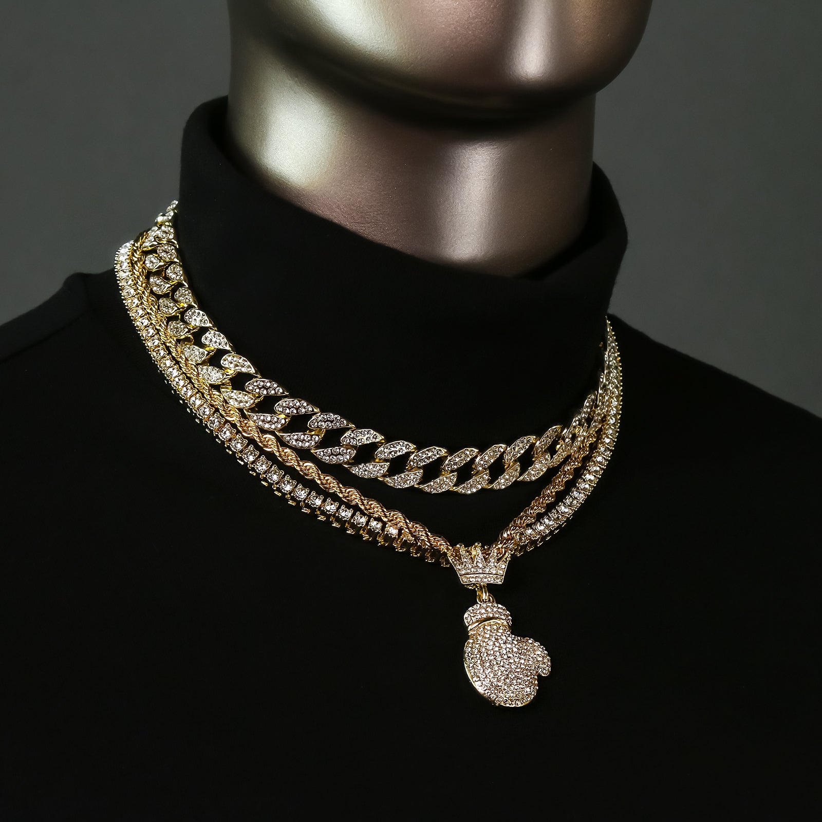 Boxing Glove Crown 4 Pcs Set Clear Cz Cuban, Tennis & Rope Chain Bundle Gold PT