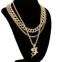 Shark 4 Pcs Set Cuban, Tennis & Rope Chain Bundle Gold PT
