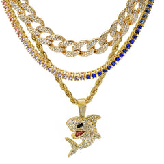 Shark 4 Pcs Set Cuban, Tennis & Rope Chain Bundle Gold PT