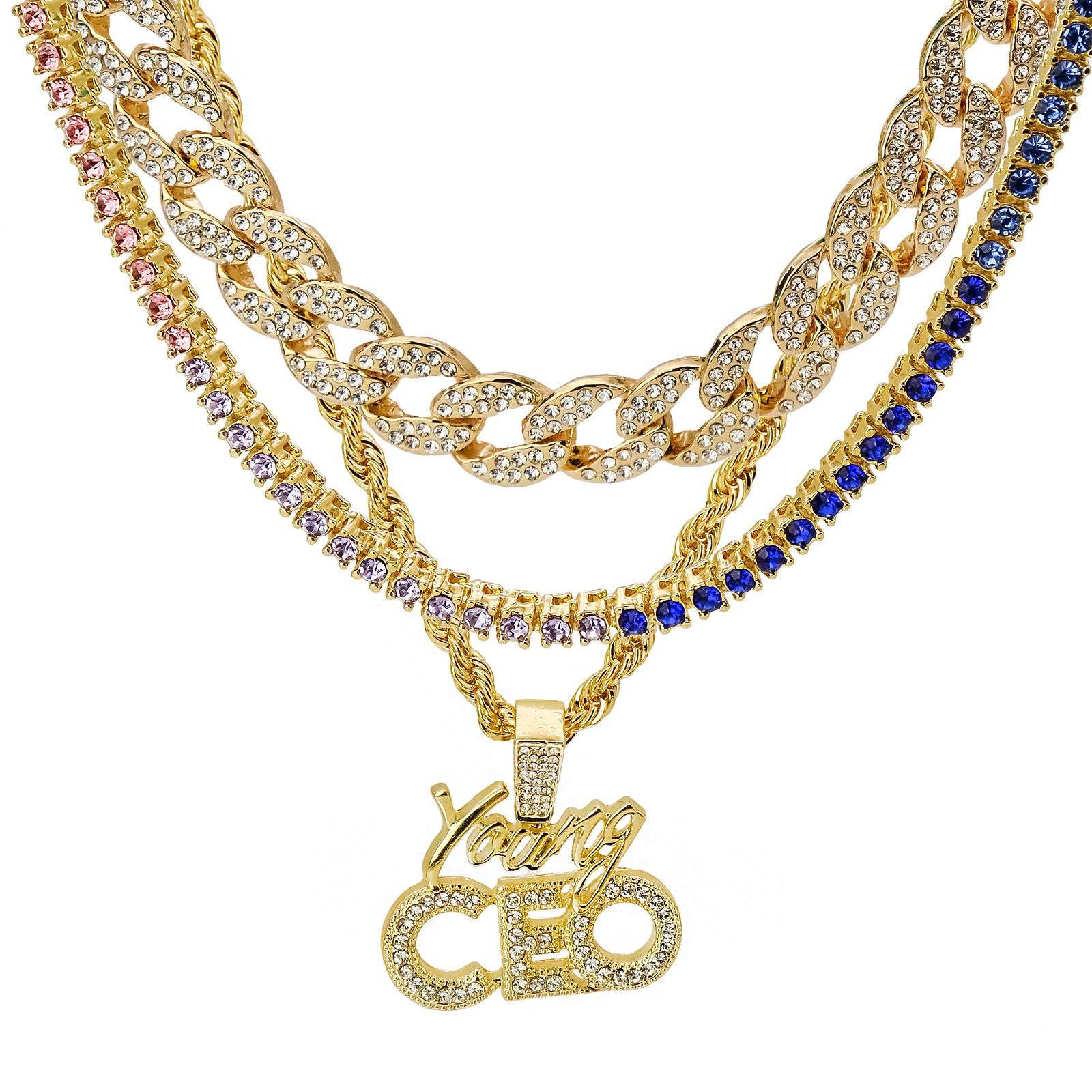Young CEO 4 Pcs Set Cuban, Tennis & Rope Chain Bundle Gold PT