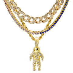 Space Man Face 4 Pcs Set Cuban, Tennis & Rope Chain Bundle Gold PT