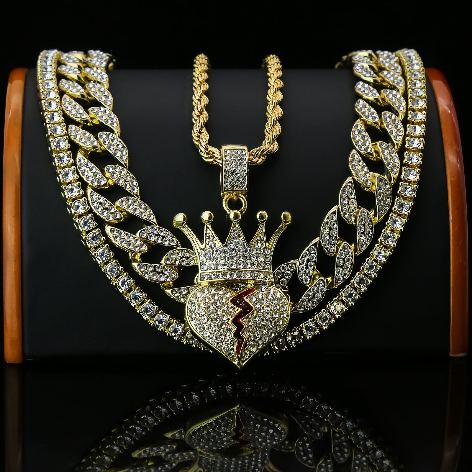 Heart Crown 4 Pcs Set Clear Cz Cuban, Tennis & Rope Chain Bundle Gold PT