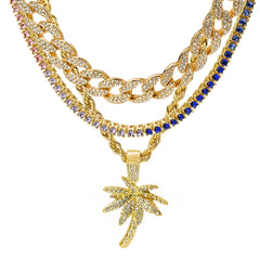 Palm Tree 4 Pcs Set Cuban, Tennis & Rope Chain Bundle Gold PT