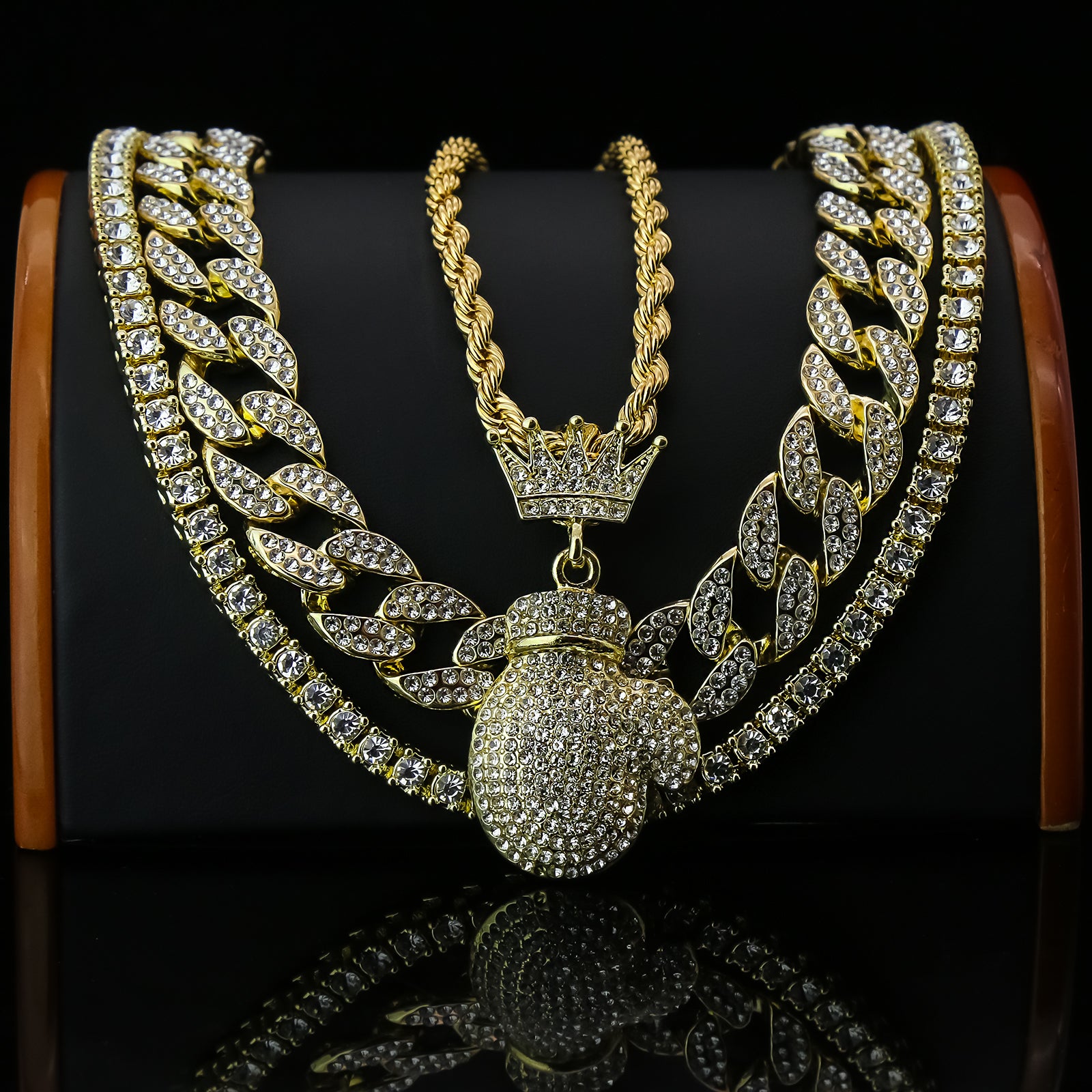 Boxing Glove Crown 4 Pcs Set Clear Cz Cuban, Tennis & Rope Chain Bundle Gold PT