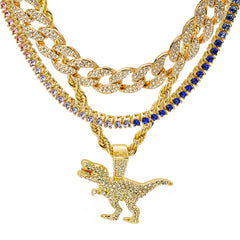 T-Rex 4 Pcs Set Cuban, Tennis & Rope Chain Bundle Gold PT