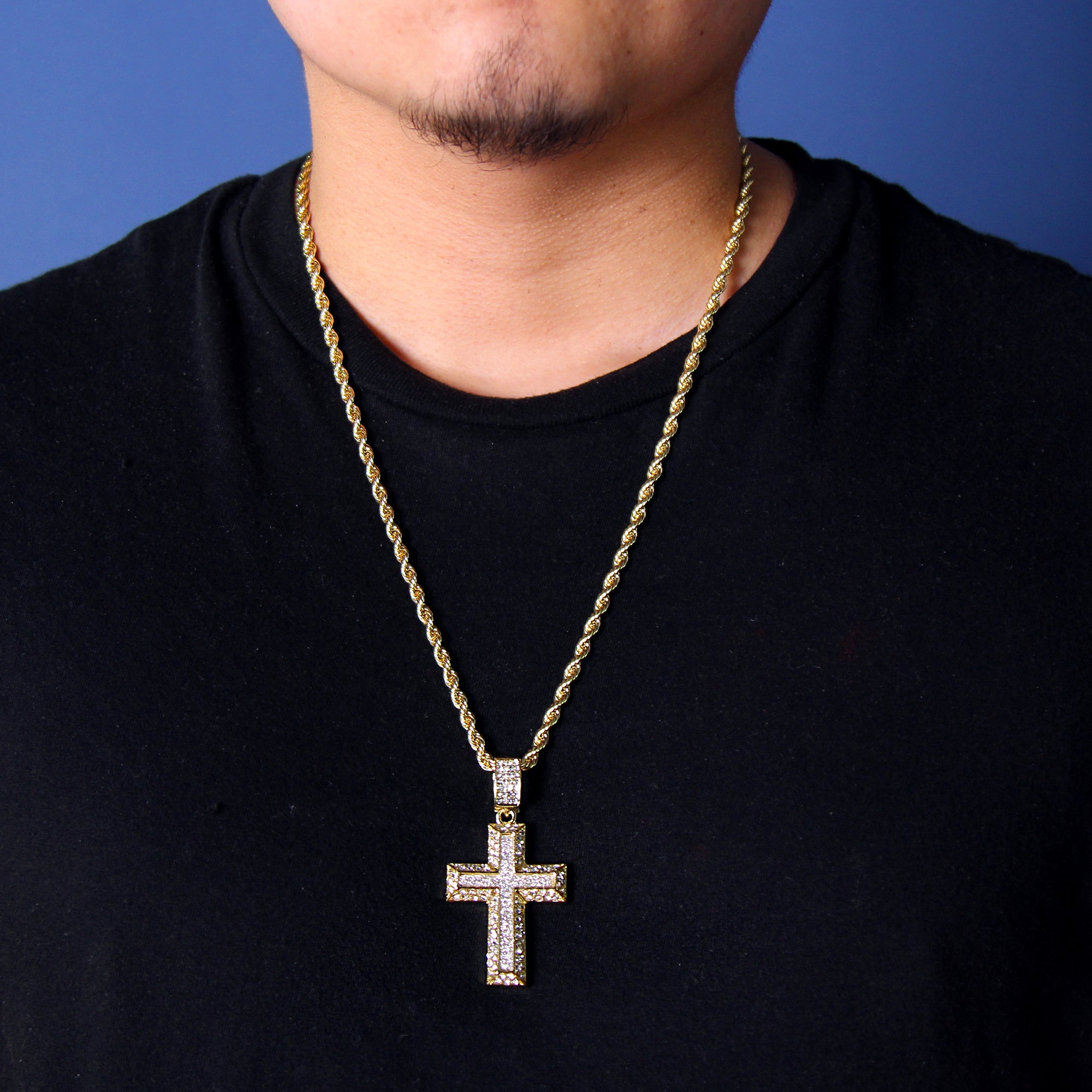 Ap Cross Stardust Pendant Rope Necklace Chain Men's Hip Hop 18k Cz Jewelry
