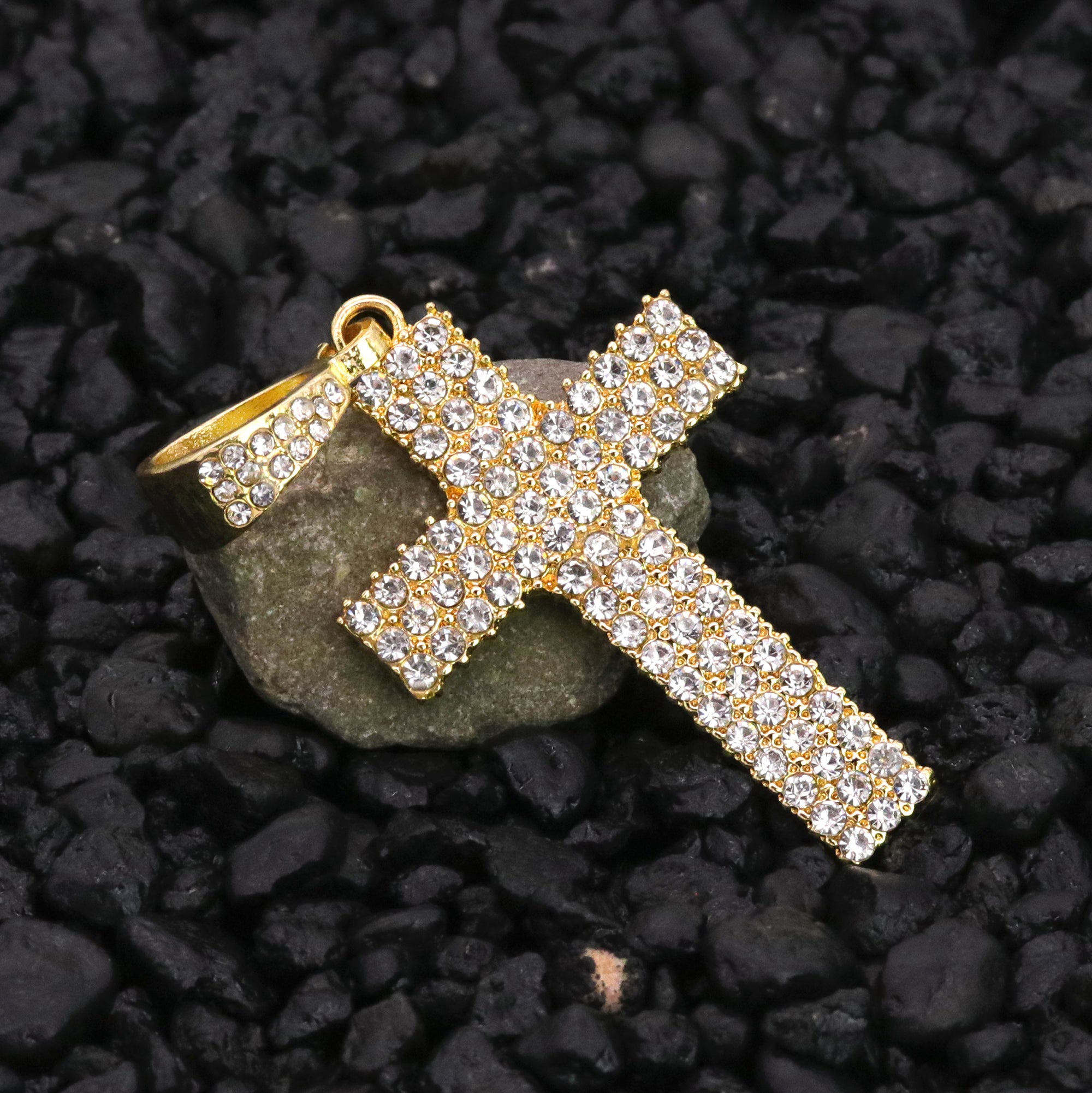 Prong Set Cz 3Row Cross Iced Pendant 24" Figaro Chain Hip Hop Style 18k Gold Plated