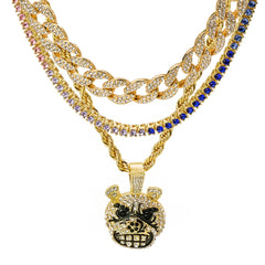 Mad Dog Face 4 Pcs Set Cuban, Tennis & Rope Chain Bundle Gold PT
