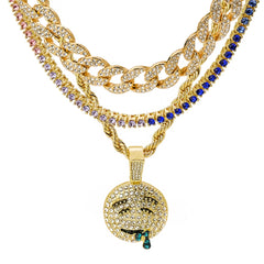 Lit Face 4 Pcs Set Cuban, Tennis & Rope Chain Bundle Gold PT