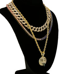 Lit Face 4 Pcs Set Cuban, Tennis & Rope Chain Bundle Gold PT