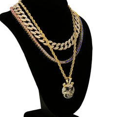 Mad Dog Face 4 Pcs Set Cuban, Tennis & Rope Chain Bundle Gold PT