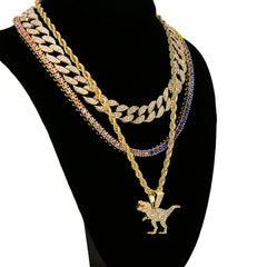 T-Rex 4 Pcs Set Cuban, Tennis & Rope Chain Bundle Gold PT
