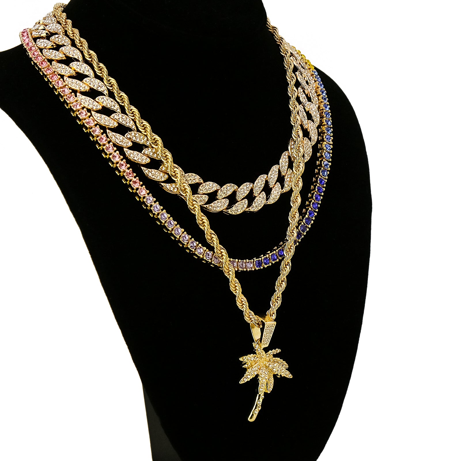 Palm Tree 4 Pcs Set Cuban, Tennis & Rope Chain Bundle Gold PT
