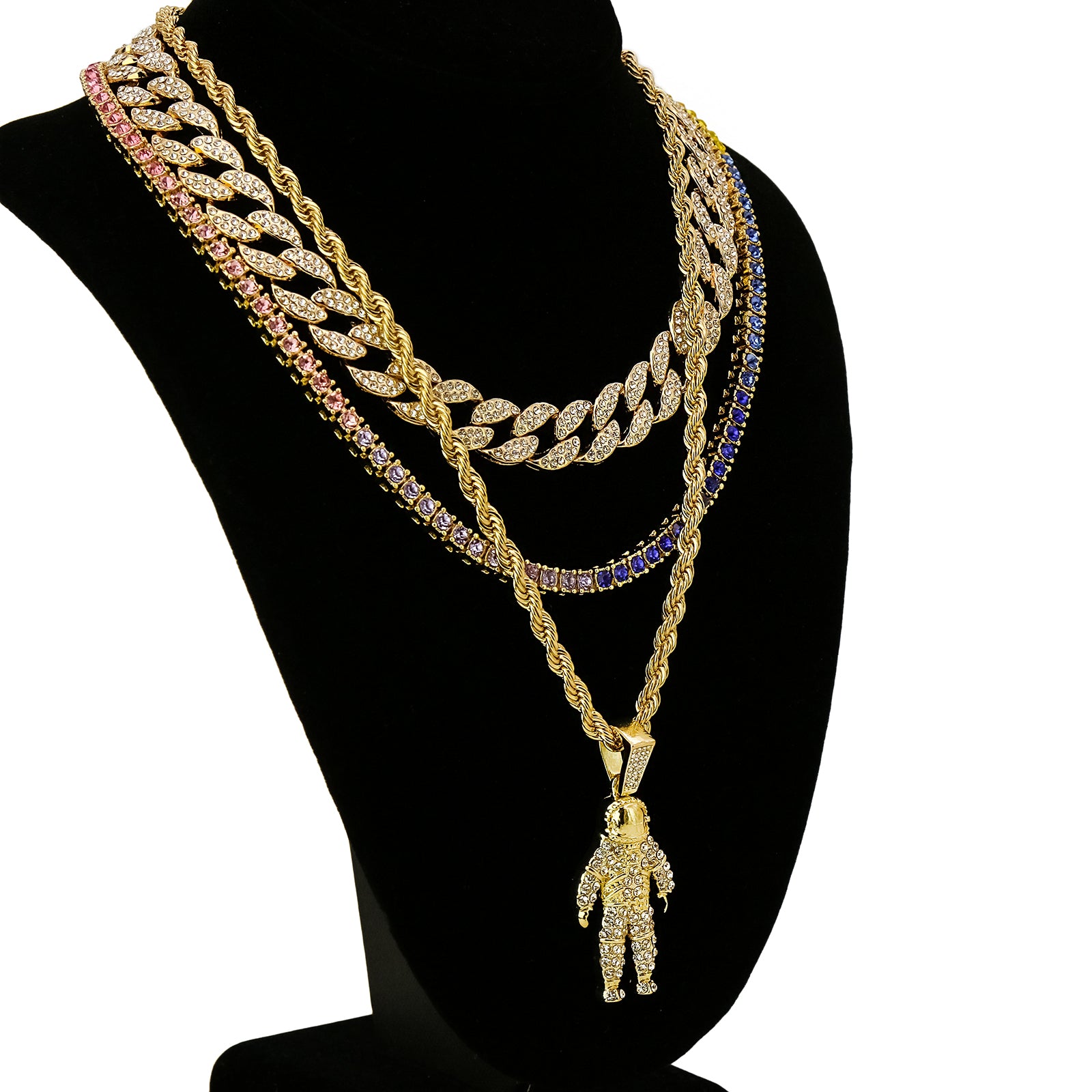 Space Man Face 4 Pcs Set Cuban, Tennis & Rope Chain Bundle Gold PT
