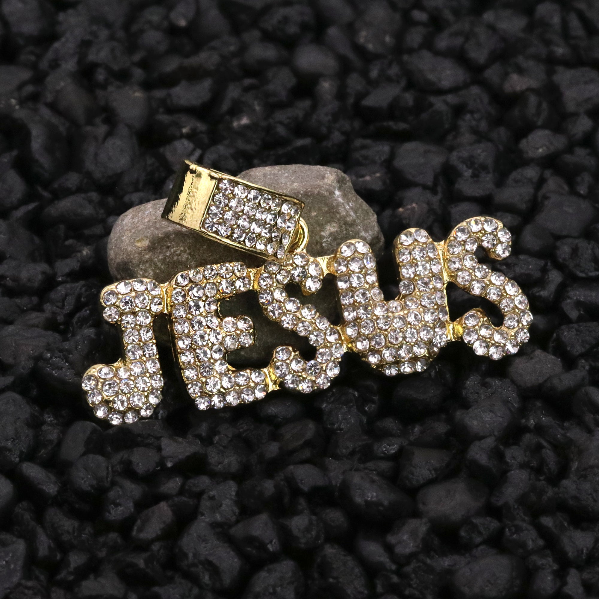 Jesus Bubble Letter Iced Pendant 24" Rope Chain Hip Hop Style 18k Gold Plated