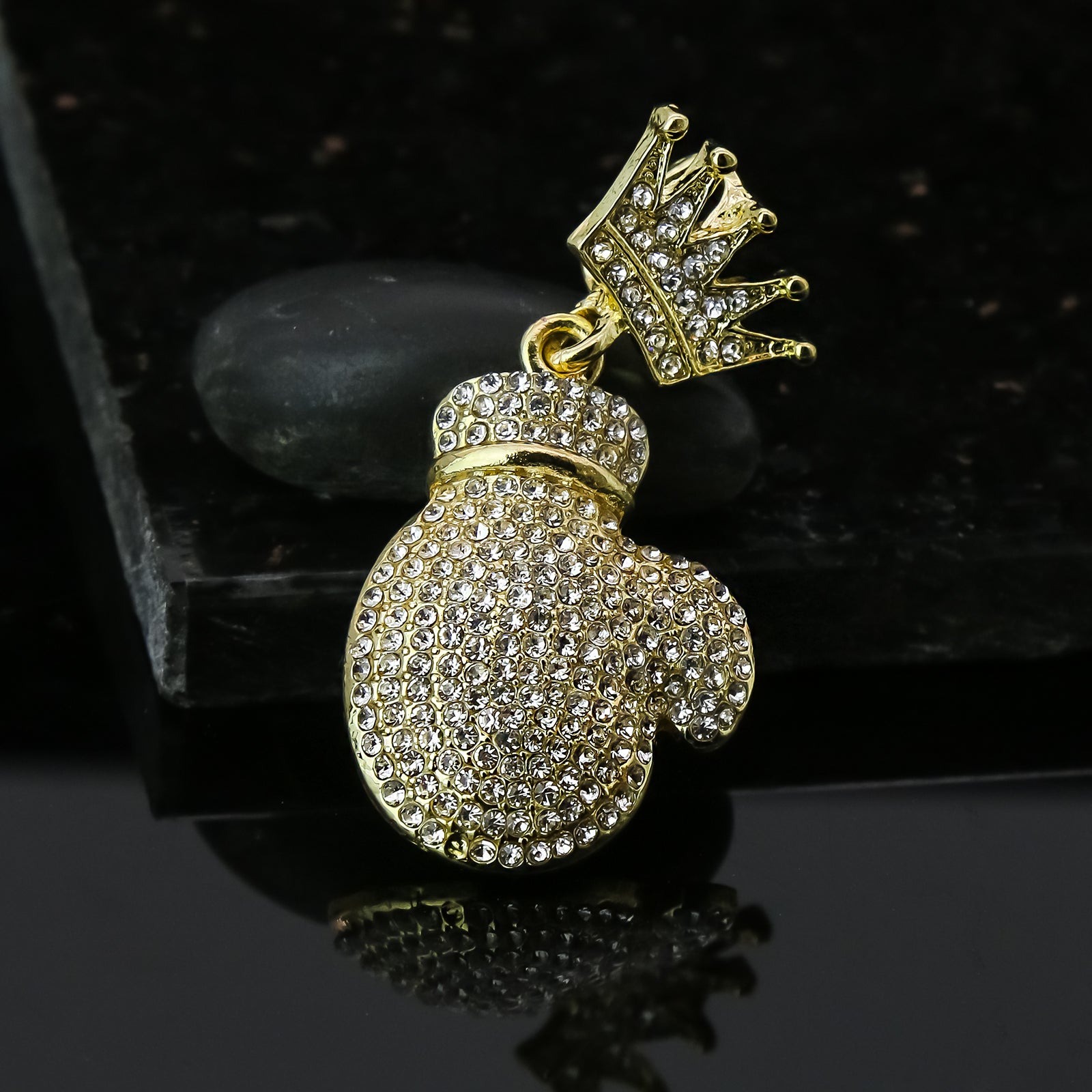 Boxing Glove Crown 4 Pcs Set Clear Cz Cuban, Tennis & Rope Chain Bundle Gold PT