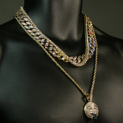 High Fashion Gold Plated AB Cuban Tennis Chains & Cz Lit Emoji Drip Pendant