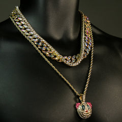 High Fashion Gold Plated AB Cuban Tennis Chains & Fully Cz Clown Pendant