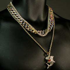 High Fashion Gold Plated AB Cuban Tennis Chains & Fully Cz Shark Flooded Pendant
