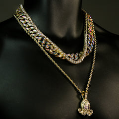 High Fashion Gold Plated AB Cuban Tennis Chains & Cz Purple Eye Squid Pendant