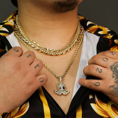 High Fashion Gold Plated AB Cuban Tennis Chains & Cz Purple Eye Squid Pendant