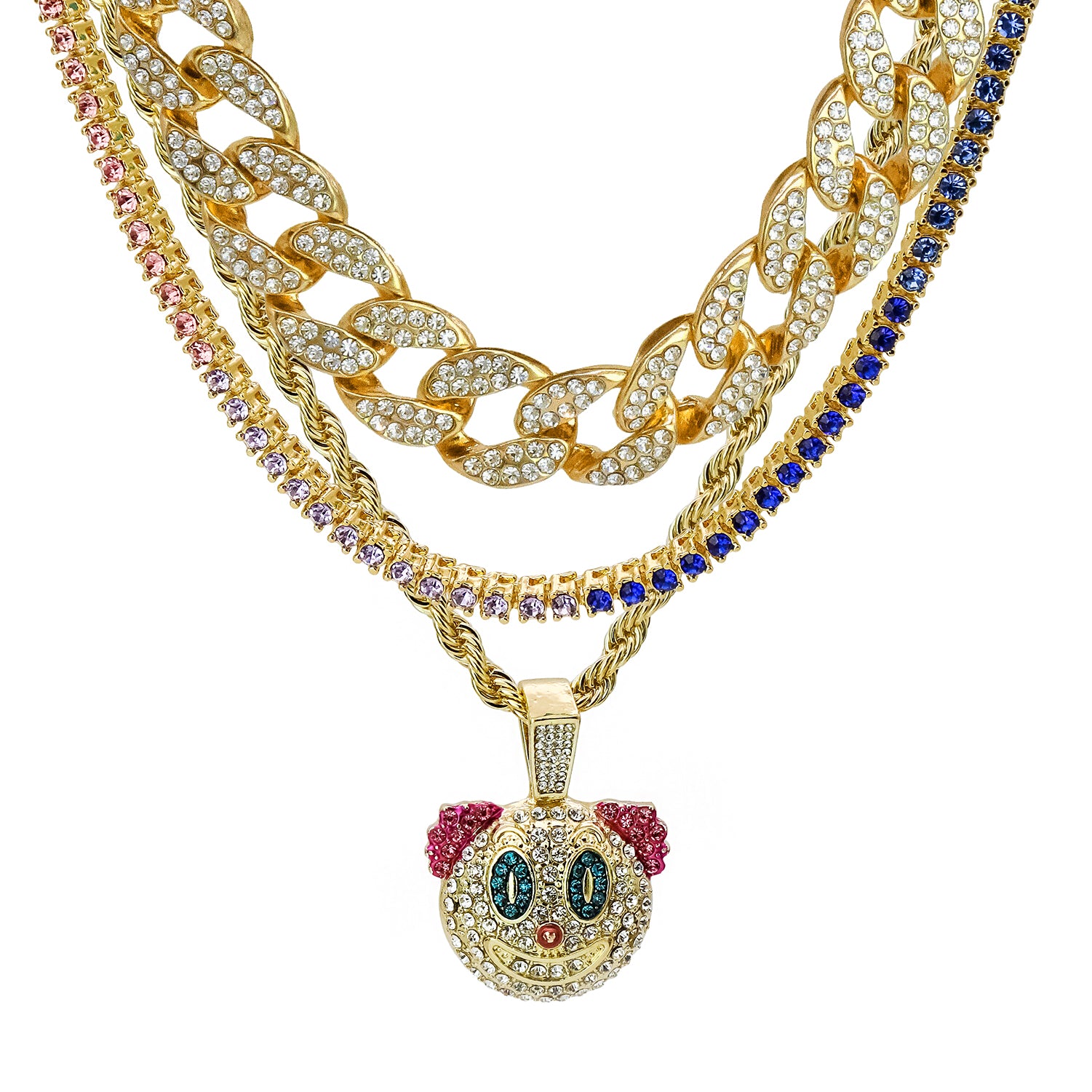 Clown 4 Pcs Set Cuban, Tennis & Rope Chain Bundle Gold PT