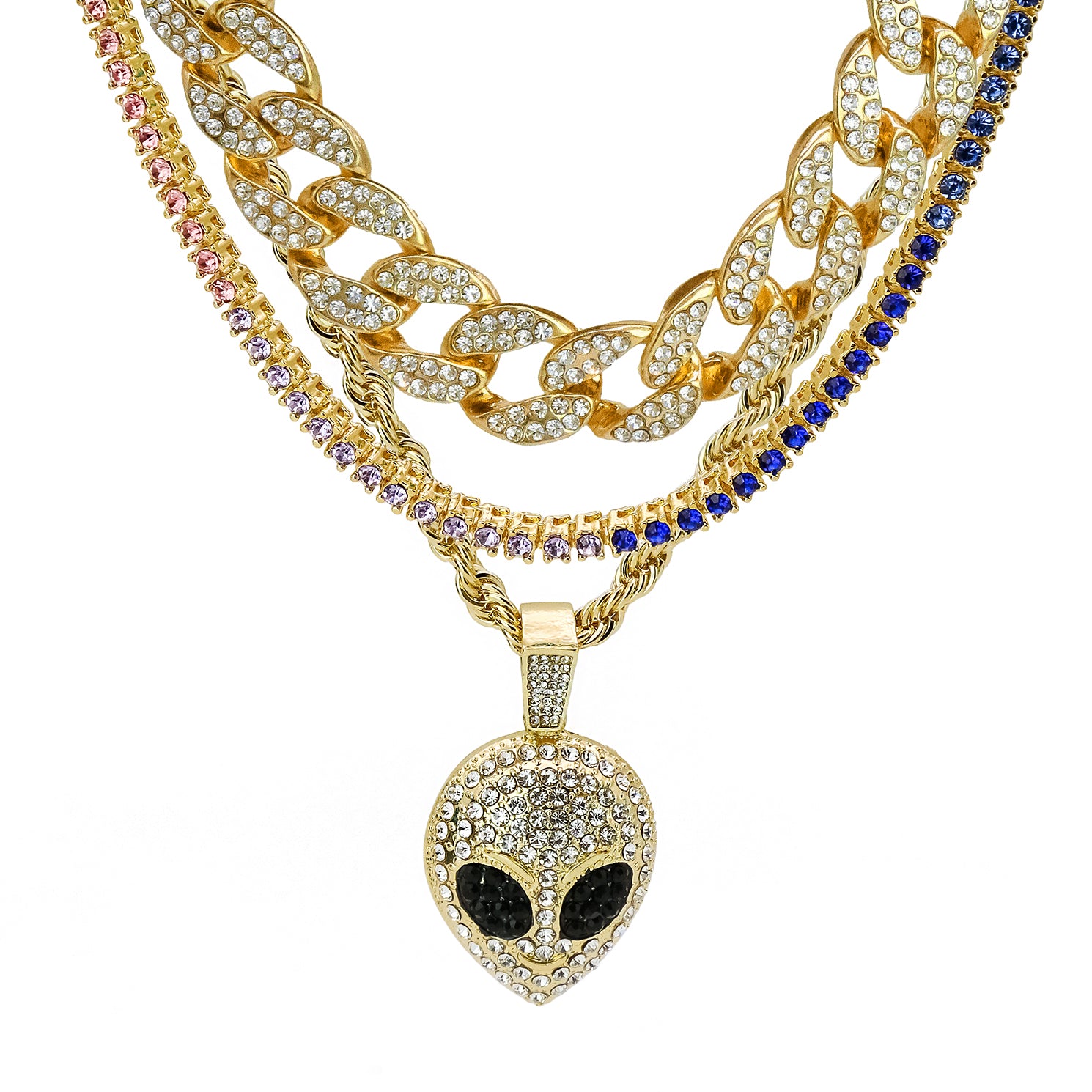 Alien Fcae 4 Pcs Set Cuban, Tennis & Rope Chain Bundle Gold PT
