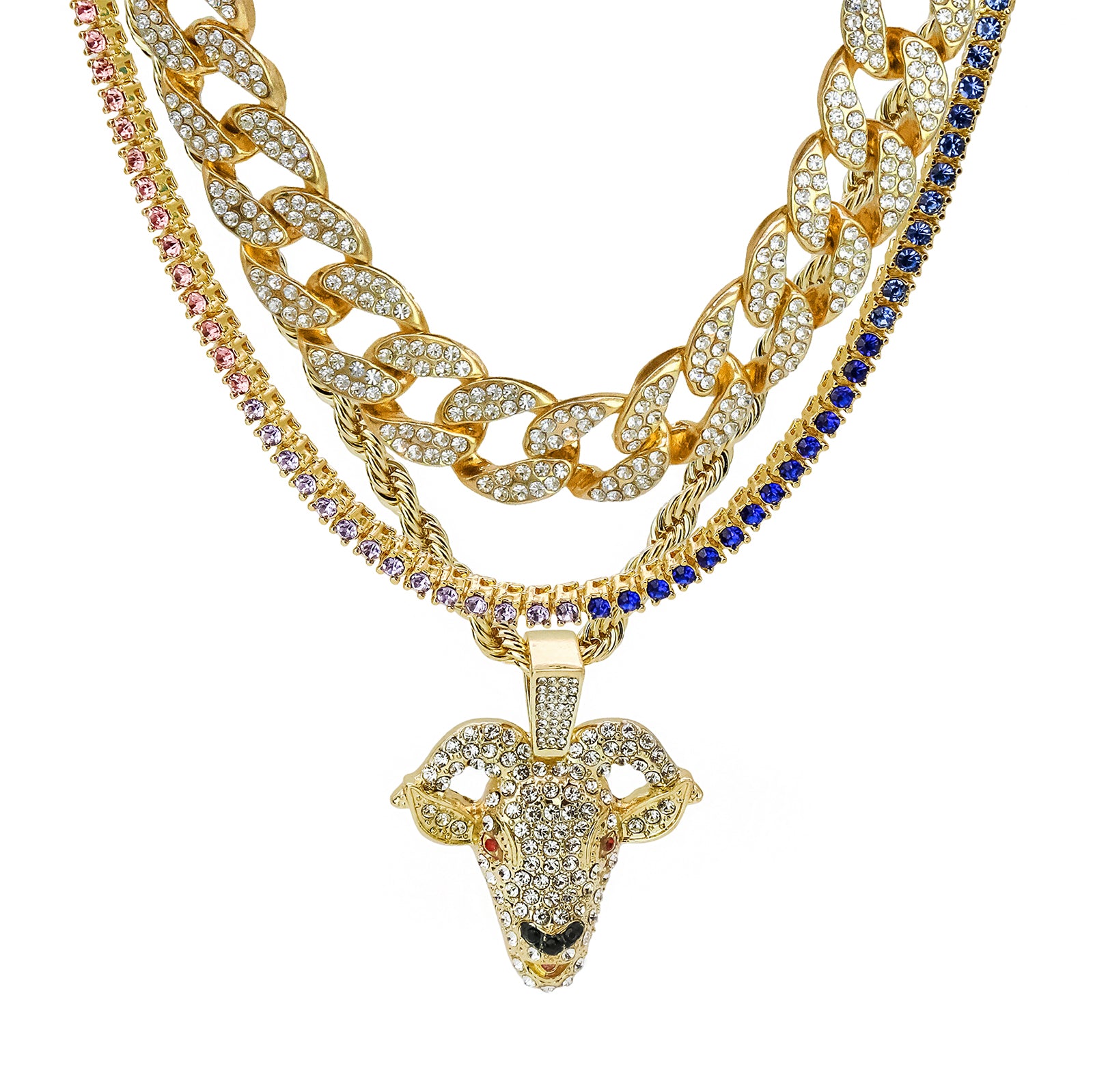 Goat 4 Pcs Set Cuban, Tennis & Rope Chain Bundle Gold PT
