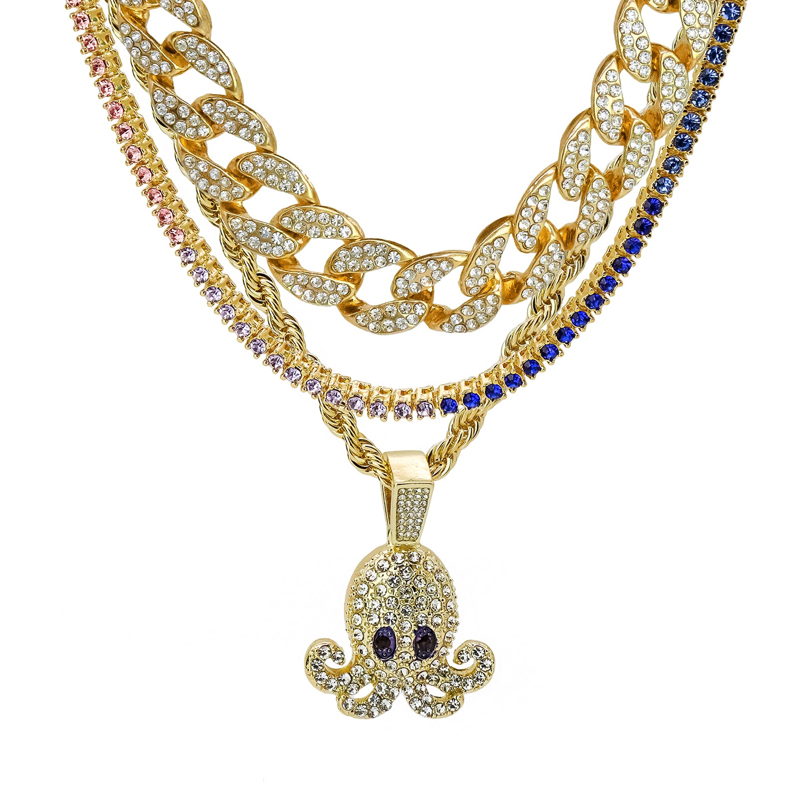 Squid 4 Pcs Set Cuban, Tennis & Rope Chain Bundle Gold PT