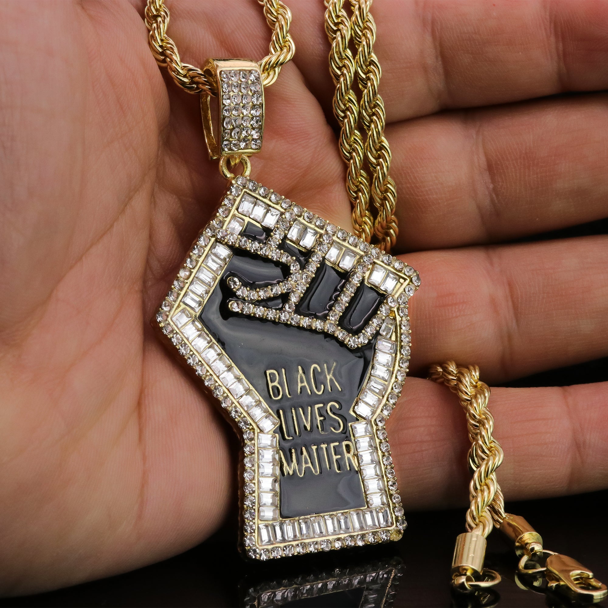 Iced Baguette BLM Fist Pendant 24"Rope Chain Hip Hop Style 18k Gold Plated