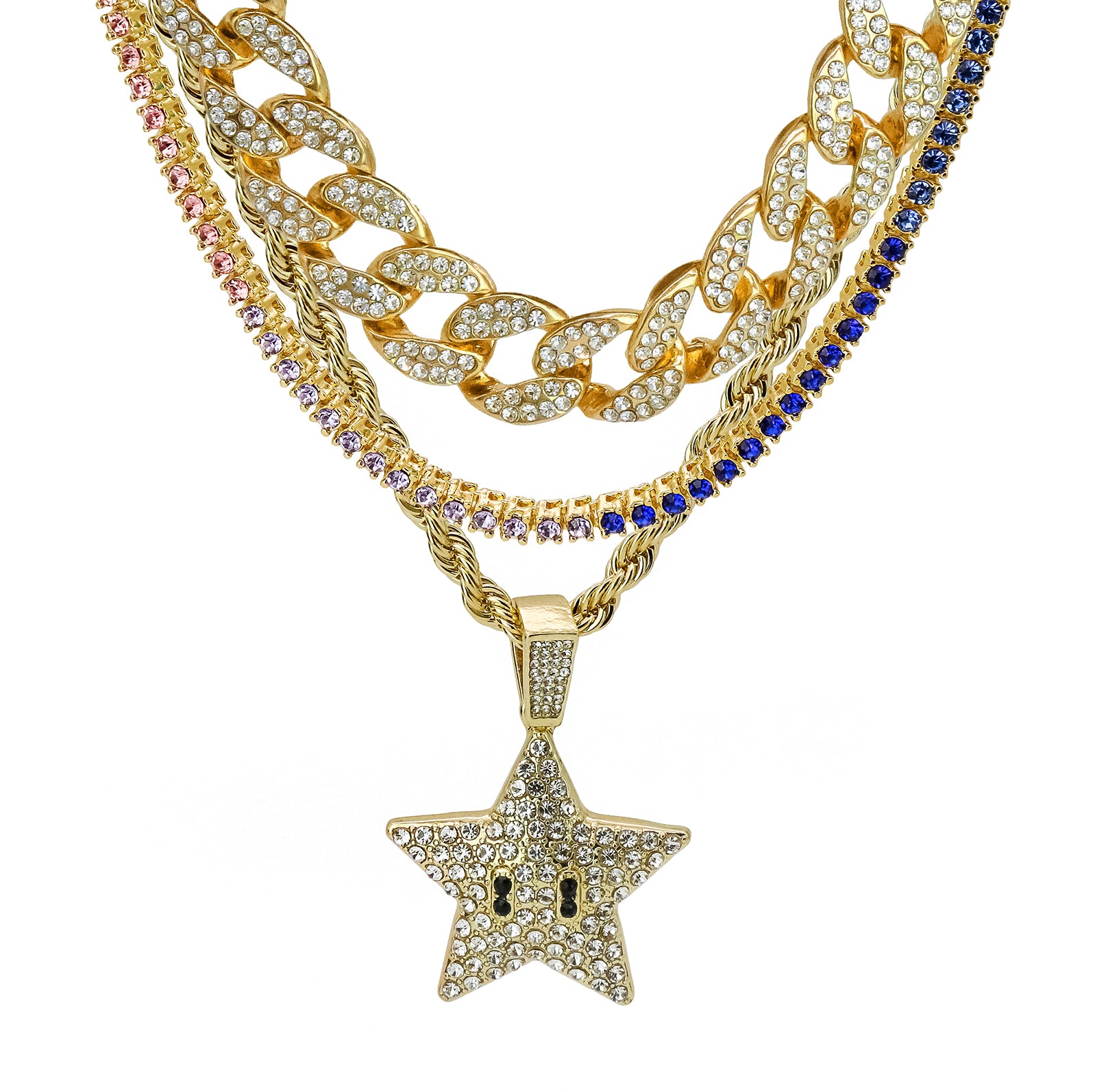 Star 4 Pcs Set Cuban, Tennis & Rope Chain Bundle Gold PT