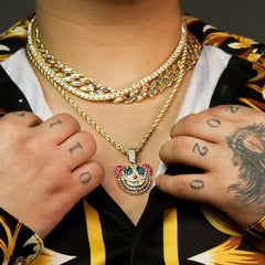 High Fashion Gold Plated AB Cuban Tennis Chains & Fully Cz Clown Pendant